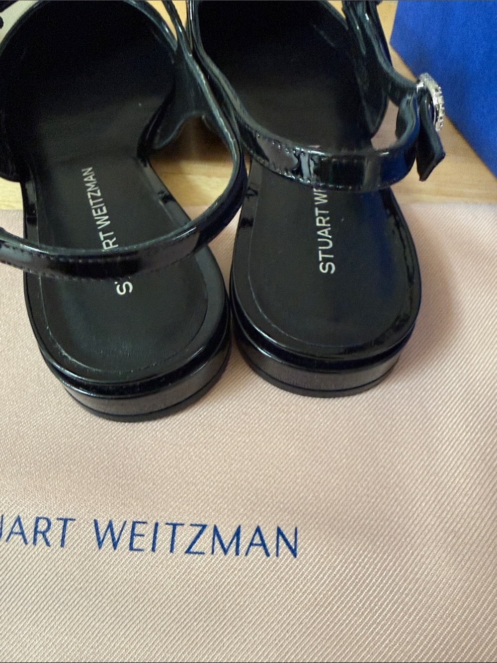 Stuart Weitzman Black Patent Leather Double-Strap Mary Jane Sling Flats - Picture 3 of 4